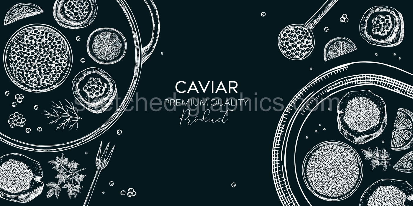 Seafood platter on chalkboard. Red caviar canape, black caviar tin, lemons sketches. Sea delicacy background for restaurant menu or finger food party. Hand drawn canned fish banner design Illustration